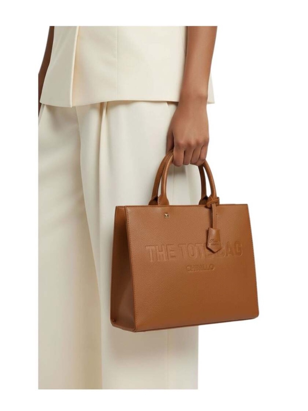 Chinllo Grained Leather Tote Bag with Shouler Strap Camel Brown Medium Tote Bag